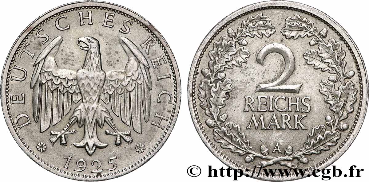 GERMANY 2 Reichsmark aigle 1925 Berlin AU 