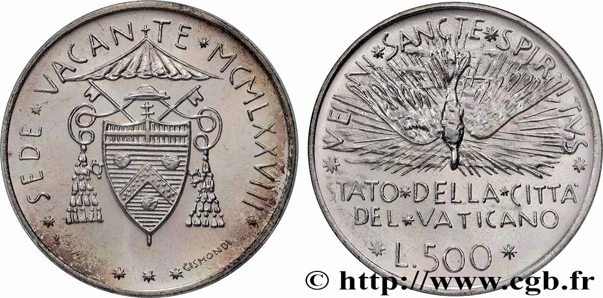 VATIKANSTAAT UND KIRCHENSTAAT 500 Lire premier Sede Vacante Colombe 1978 Rome fST 