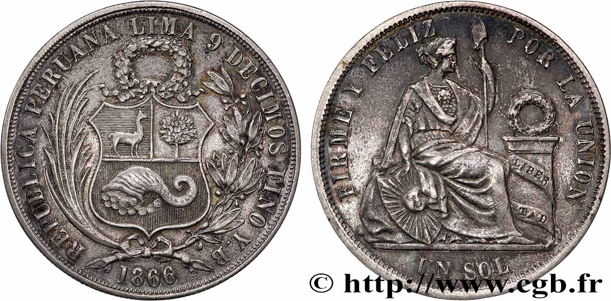 PERU 1 Sol “Liberté” assise 1866 Lima XF 
