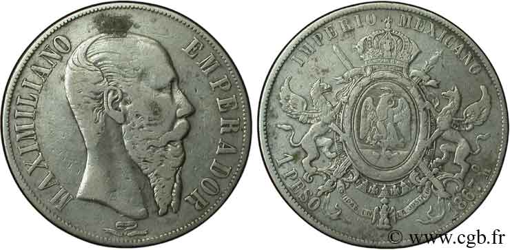 MEXIQUE 1 Peso Empereur Maximilien 1867 Mexico TTB 
