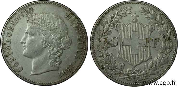 SCHWEIZ 5 Francs Helvetia 1891 Berne - B VZ 