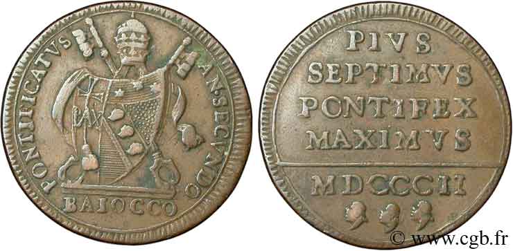VATICAN ET ÉTATS PONTIFICAUX 1 Baiocco armes du vatican frappé au nom de Pie VII 1802 an II Rome TB+ 