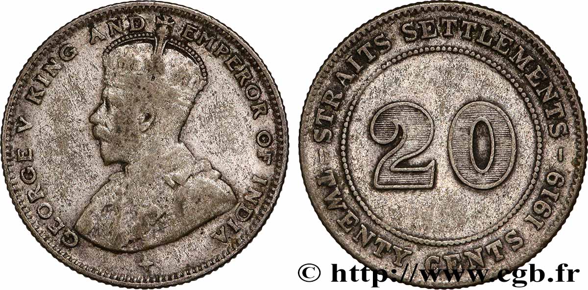 MALAISIE - ÉTABLISSEMENTS DES DÉTROITS 20 Cents Straits Settlements George V 1919 Bombay TB 