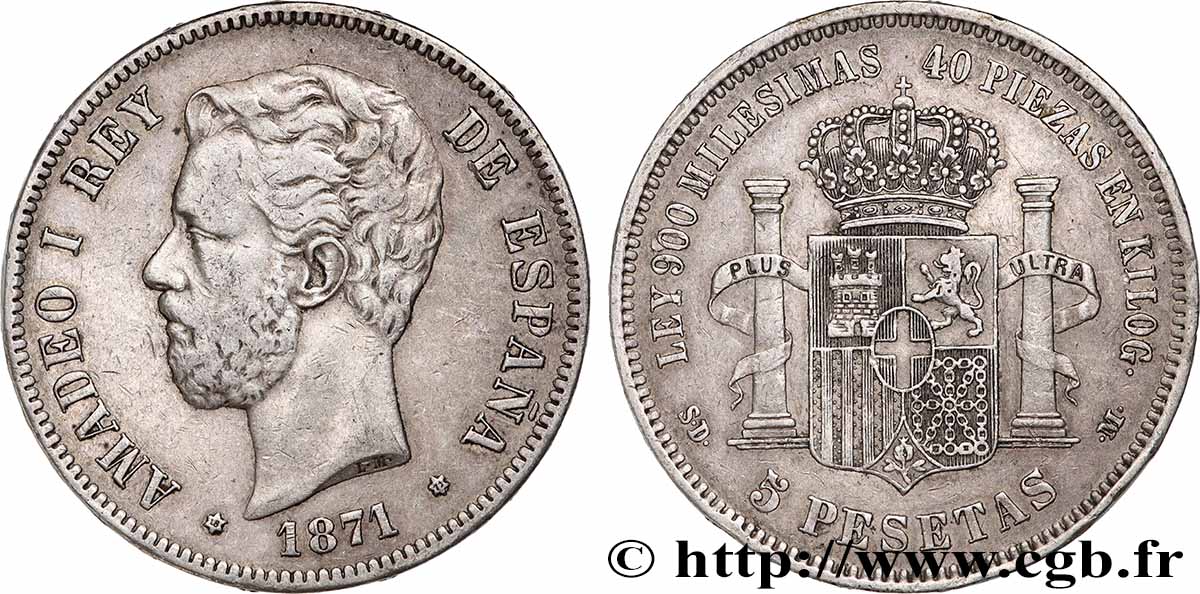 ESPAGNE - ROYAUME D&nbsp;ESPAGNE - AMÉDÉE Ier 5 Pesetas 1871 Madrid TTB 