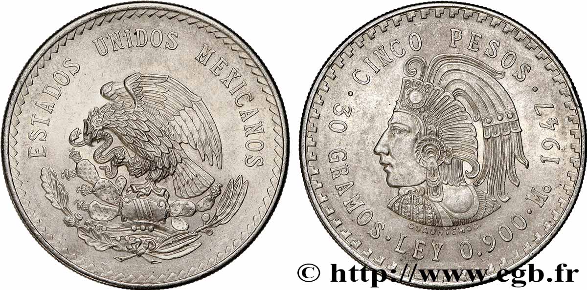 MEXIQUE 5 Pesos Cuauhtemoc 1947 Mexico SUP 