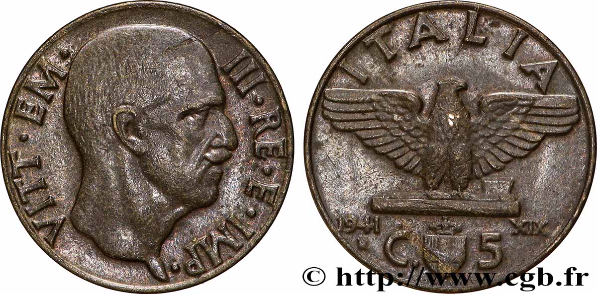ITALY 5 Centesimi  Victor Emmanuel III 1941 Rome - R XF 