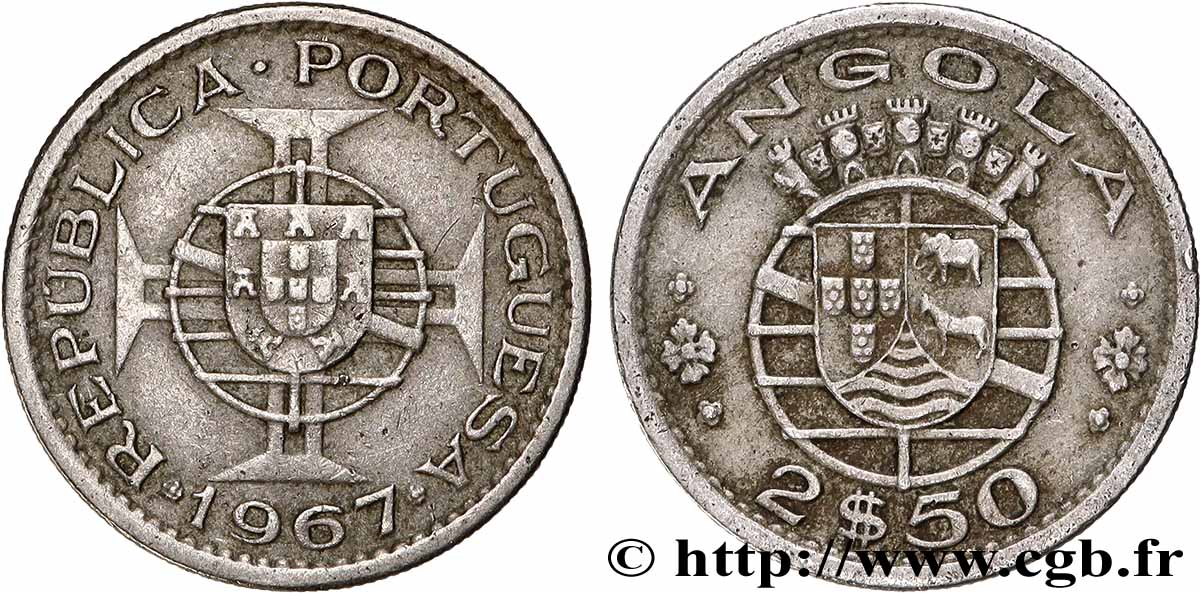 ANGOLA 2 1/2 Escudos emblème du Portugal 1967 Lisbonne XF 