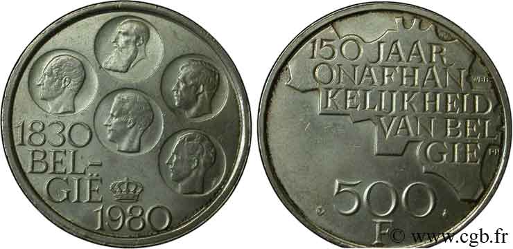 BELGIQUE 500 Francs légende flamande 150e anniversaire de l’indépendance, portrait des 5 rois / carte de Belgique 1980 Bruxelles SUP 
