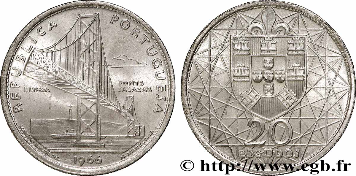 PORTUGAL 20 Escudos Pont Salazar de Lisbonne 1966 Lisbonne AU 