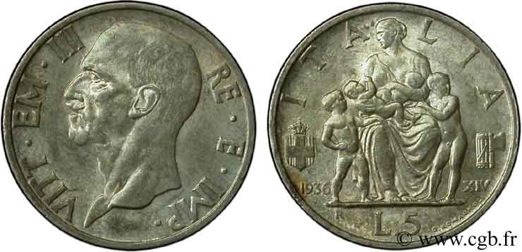 ITALIA 5 Lire Victor Emmanuel III / allégorie de la fécondité 1936 Rome - R MS 