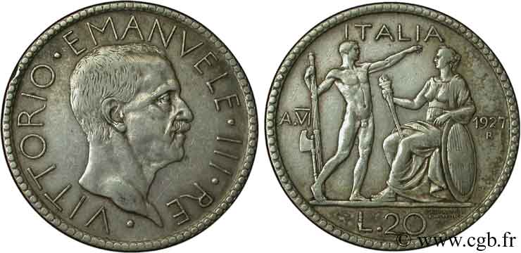 ITALY 20 Lire an  VI, Victor Emmanuel III / licteur au faisceau saluant l’Italie assise 1927 Rome - R XF 