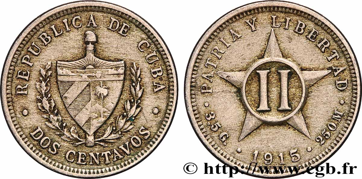 CUBA 2 Centavos 1915 Philadelphie AU 