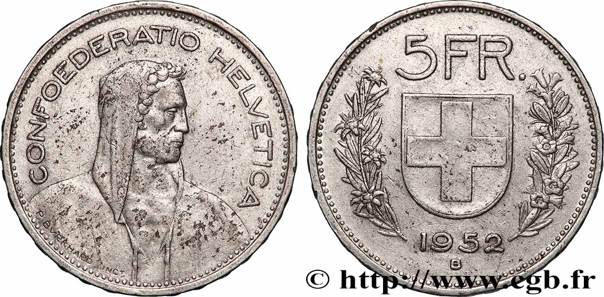 SWITZERLAND 5 Francs Berger des alpes / bouclier suisse 1952 Berne - B XF 