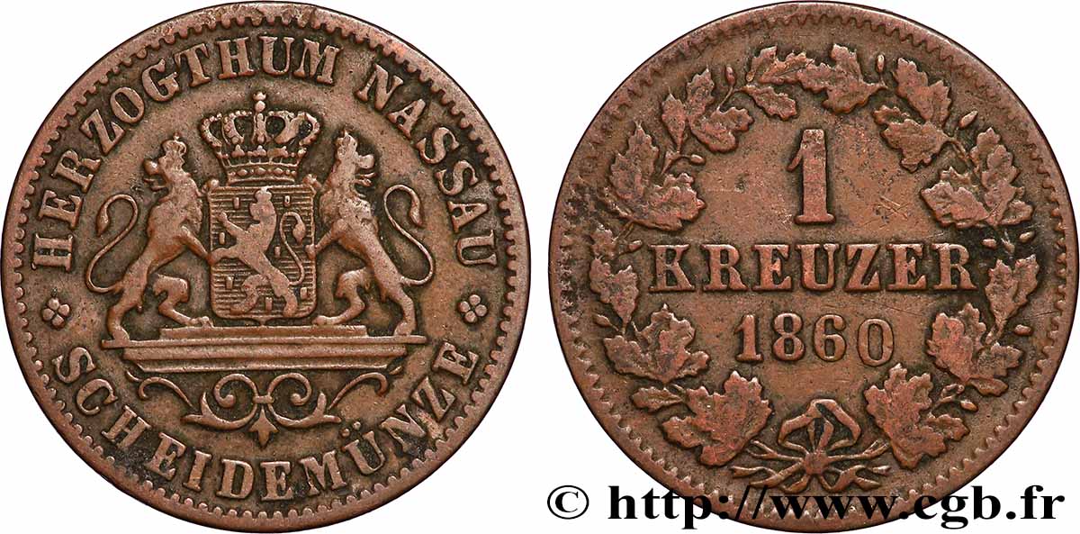 GERMANIA - NASSAU 1 Kreuzer 1860 Wiesbaden BB 