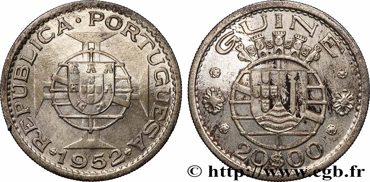GUINEA-BISSAU 20 Escudos monnayage colonial Portugais 1952 Lisbonne SS 