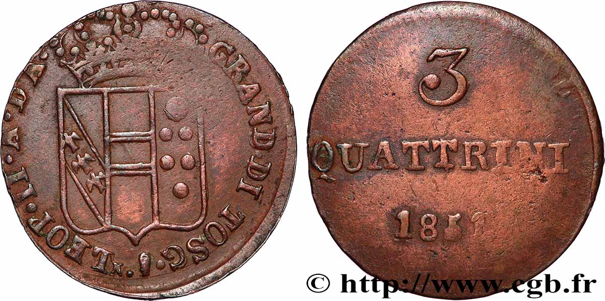 ITALIEN - GROßHERZOGTUM TOSKANA - LEOPOLD II. 3 Quattrini  1851 Florence S 
