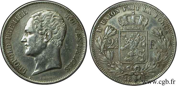 BELGIEN 2 1/2 Francs Léopold roi des Belges type à petite tête 1849  fVZ 