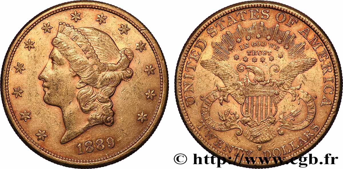OR, PALLADIUM ET PLATINE INVESTISSEMENT 20 Dollars &nbsp;Liberty&nbsp; 1889 San Francisco TTB+ 