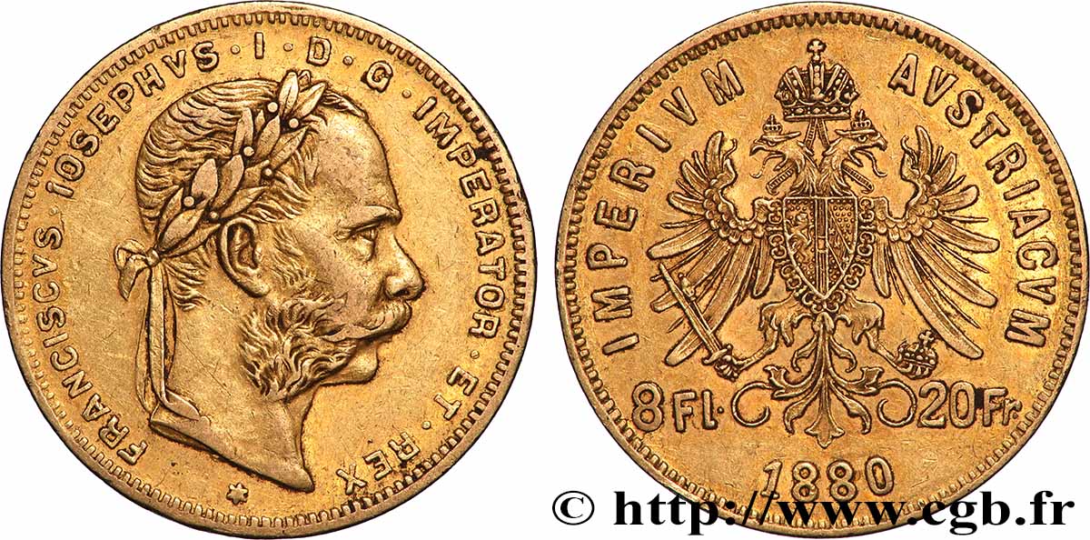 OR, PALLADIUM ET PLATINE INVESTISSEMENT 8 Florins ou 20 Francs or François-Joseph Ier 1880 Vienne TTB 
