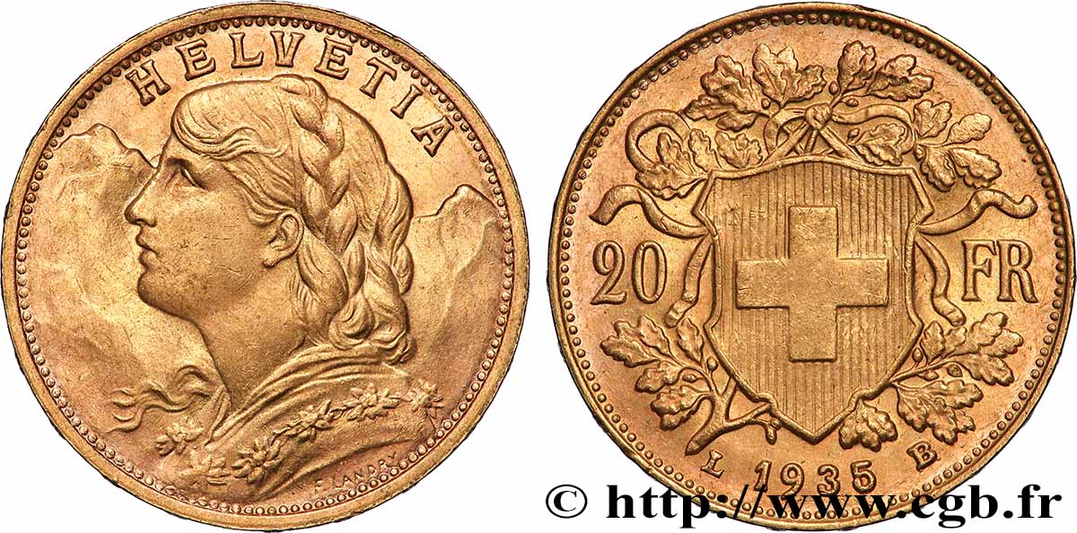 GOLD, PALLADIUM & PLATINUM INVESTMENT 20 Francs &nbsp;Vreneli&nbsp; 1935 Berne AU 