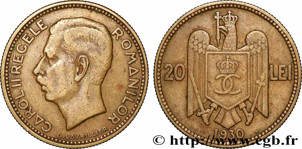 ROMANIA 20 Lei buste du roi Charles II 1930 Paris XF 