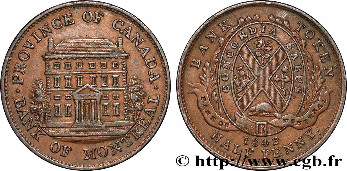 KANADA 1/2 Penny Province du Bas Canada Banque de Montréal, façade de la banque 1842  fVZ 