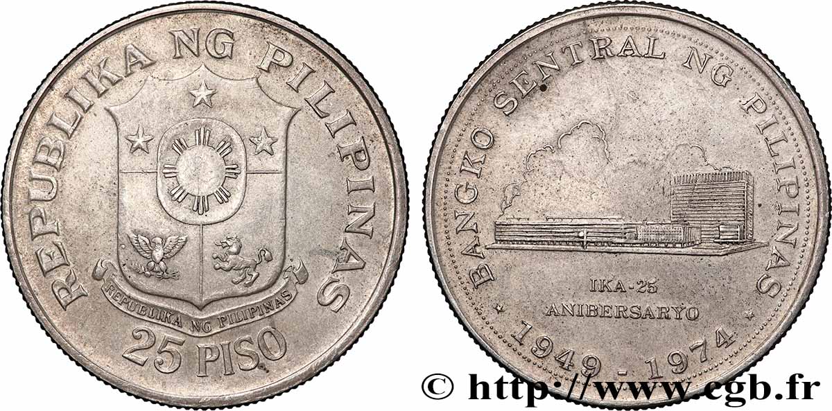PHILIPPINES 25 Piso 25e anniversaire de la Banque centrale 1974  SUP 