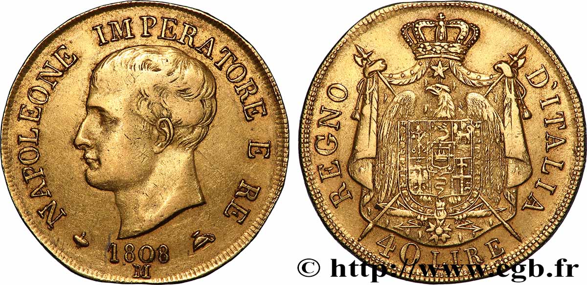 ITALIE - ROYAUME D&nbsp;ITALIE - NAPOLÉON Ier 40 Lire 1808 Milan TTB 
