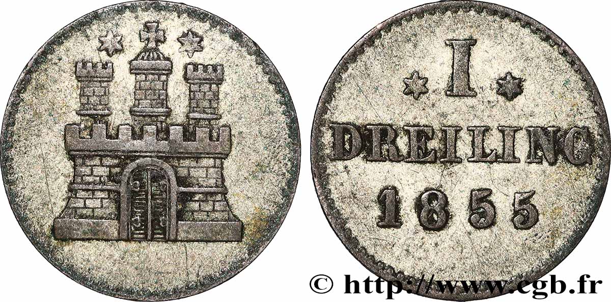GERMANY - HAMBURG FREE CITY 1 Dreiling Ville de Hambourg emblème 1855 Hambourg XF 