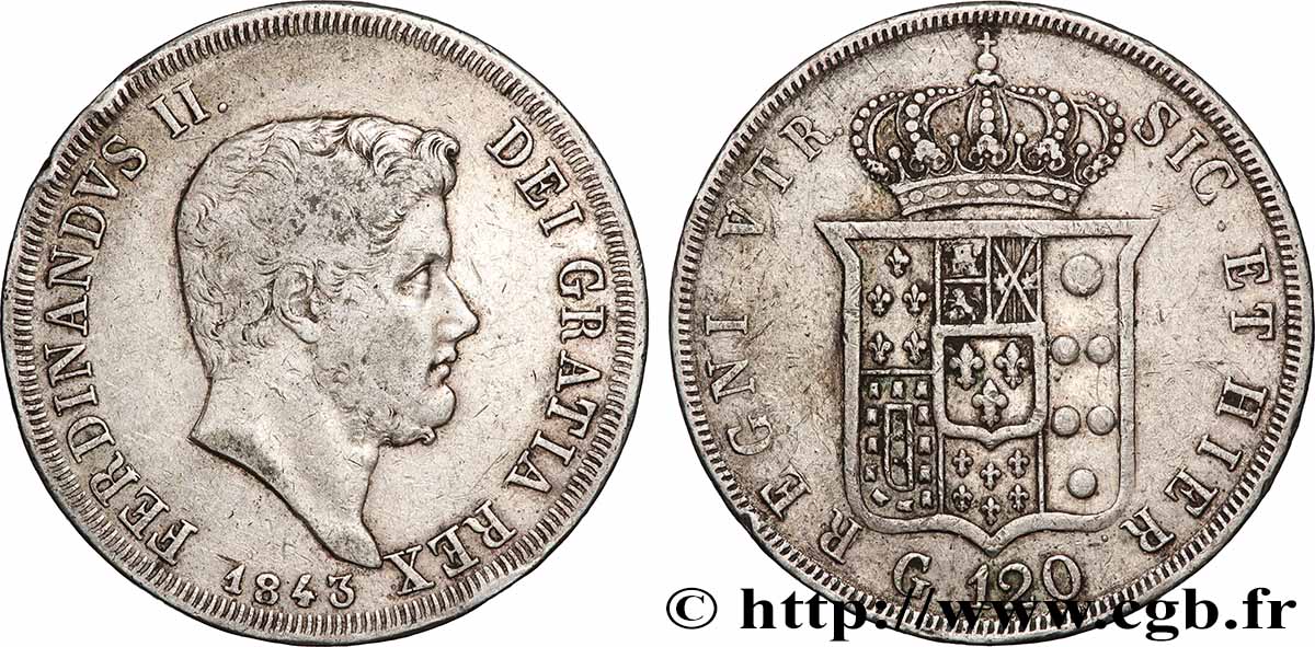 ITALY - KINGDOM OF TWO SICILIES 120 Grana Royaume des Deux-Siciles, Ferdinand II / écu couronné 1843 Naples VF 