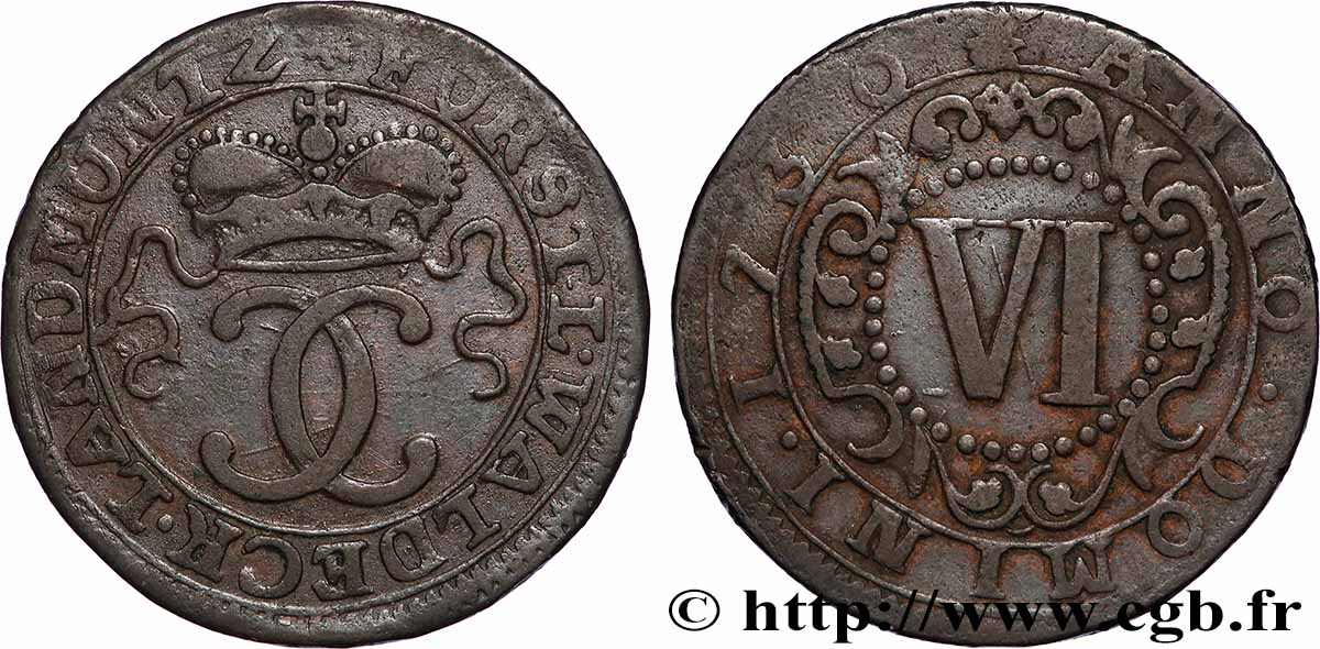 ALLEMAGNE - WALDECK-PYRMONT 6 Pfenninge Charles Auguste Frédéric 1730 Mengeringhausen TTB 