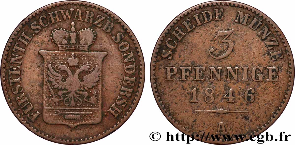 ALLEMAGNE - SCHWARZBOURG-SONDERSHAUSEN 3 Pfennige Schwarzburg-Sondershausen 1846 Berlin TTB 