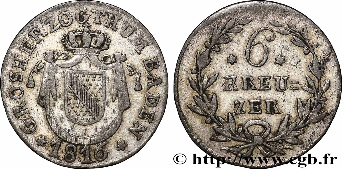 ALLEMAGNE - BADE 6 Kreuzer Grand-Duché de Bade 1816  TTB 