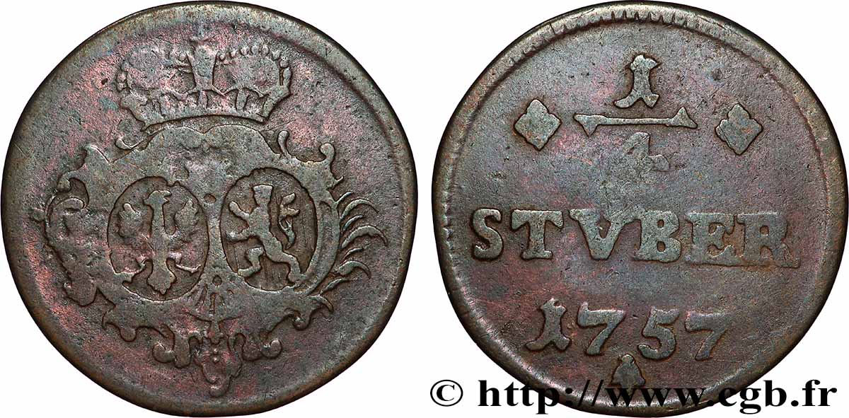 ALLEMAGNE - SAYN-ALTENKIRCHEN 1/4 Stuber armes de Brandebourg et Sayn 1757  TB+ 