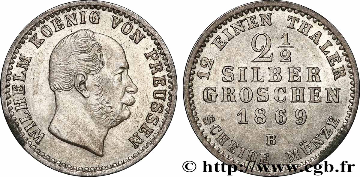 ALLEMAGNE 2 1/2 Silbergroschen (1/12 Thaler) Guillaume 1869 Berlin TTB+ 