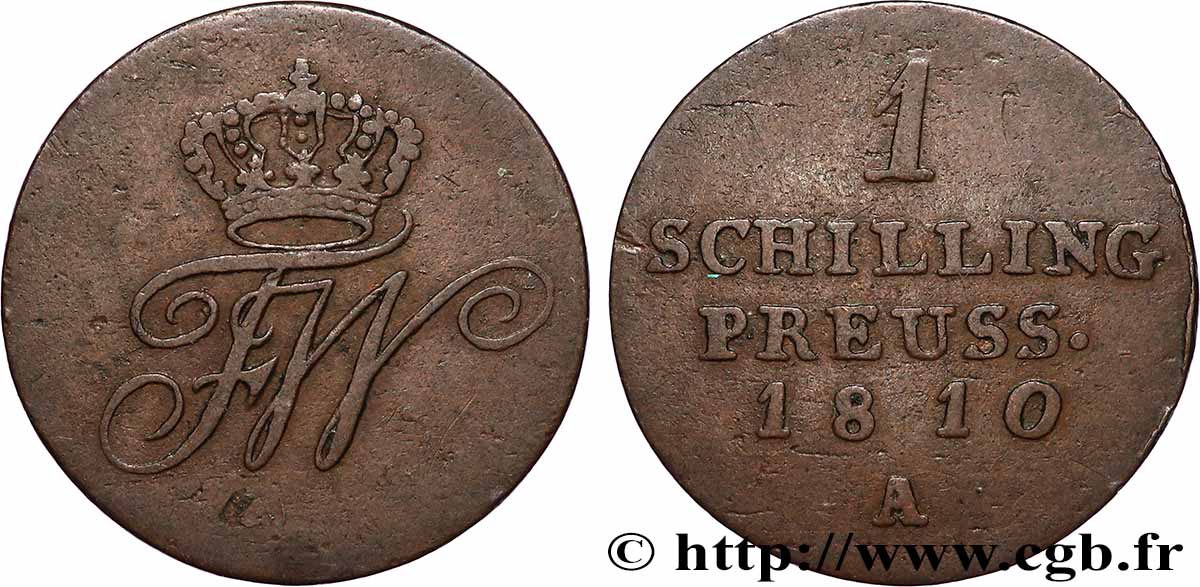 GERMANIA - PRUSSIA 1 Schilling Frédéric-Guillaume roi de Prusse 1810 Berlin q.BB 