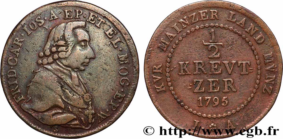 ALLEMAGNE - MAYENCE 1/2 Kreutzer Friedrich Karl Joseph von Erthal 1795  TB+ 