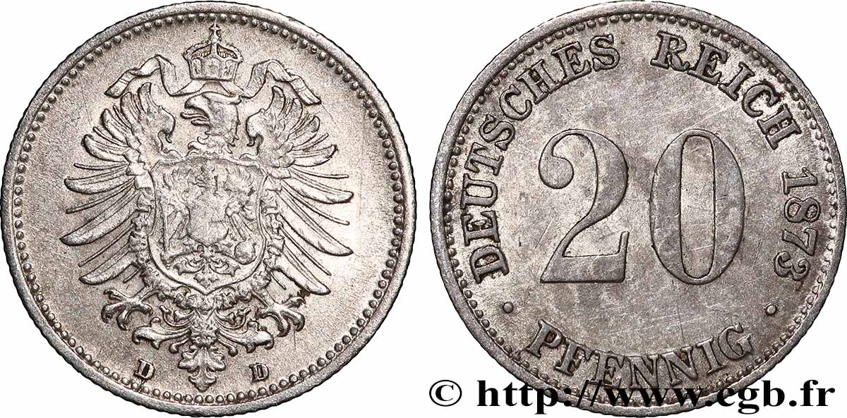 ALLEMAGNE 20 Pfennig aigle impérial héraldique 1873 Munich TTB+ 