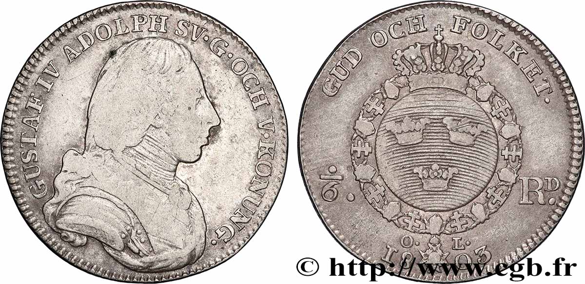 SUÈDE 1/6 Rigsdaler Gustave IV Adolphe 1803  TB+/TTB 