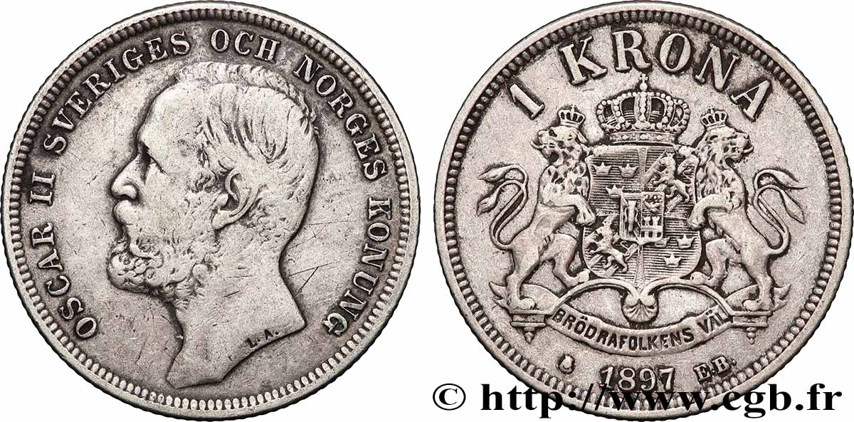 SUÈDE 1 Krona Oscar II 1897  TB 