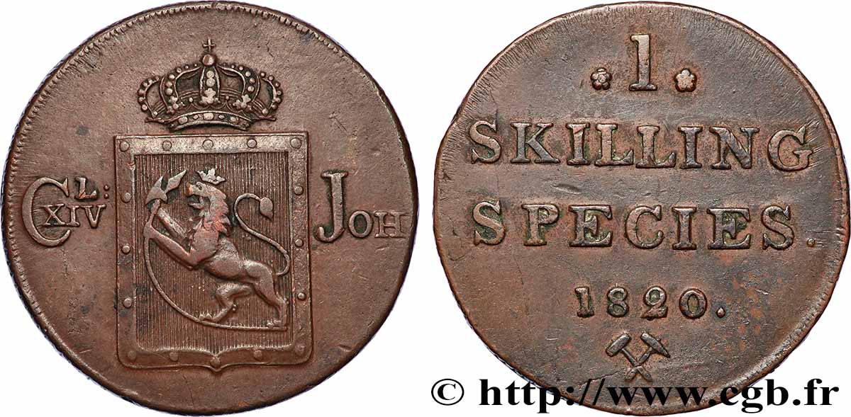 NORVÈGE 1 Skilling au nom de Charles XIV roi de Suède 1820 Kongsberg TB+ 