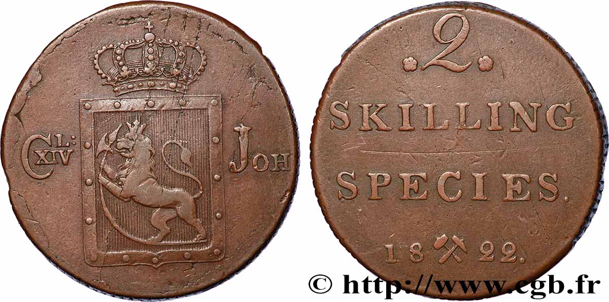 NORVÈGE 2 Skilling au nom de Charles XIV roi de Suède 1822 Kongsberg TB+ 