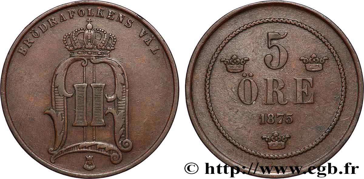 SUÈDE 5 Ore Oscar II 1875 Kungsholmen TTB 