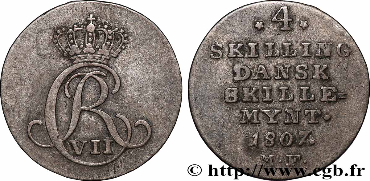 DANEMARK 4 Skilling monogramme de Christian VII roi du Danemark 1807 Altona TTB 
