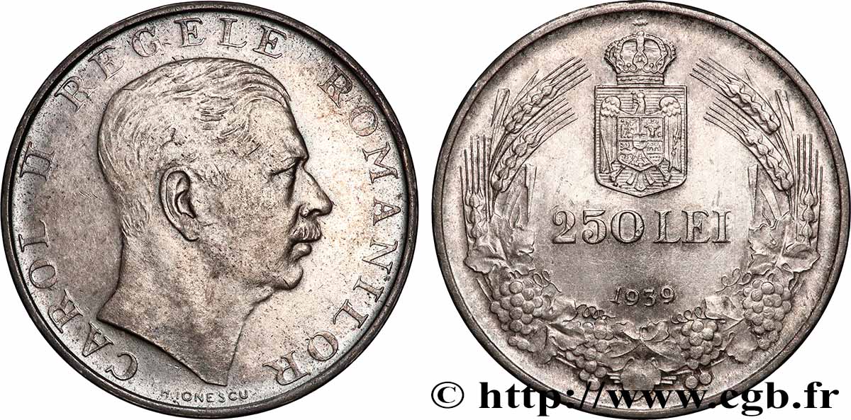 ROUMANIE 250 Lei Charles II 1939 Bucarest TTB+ 
