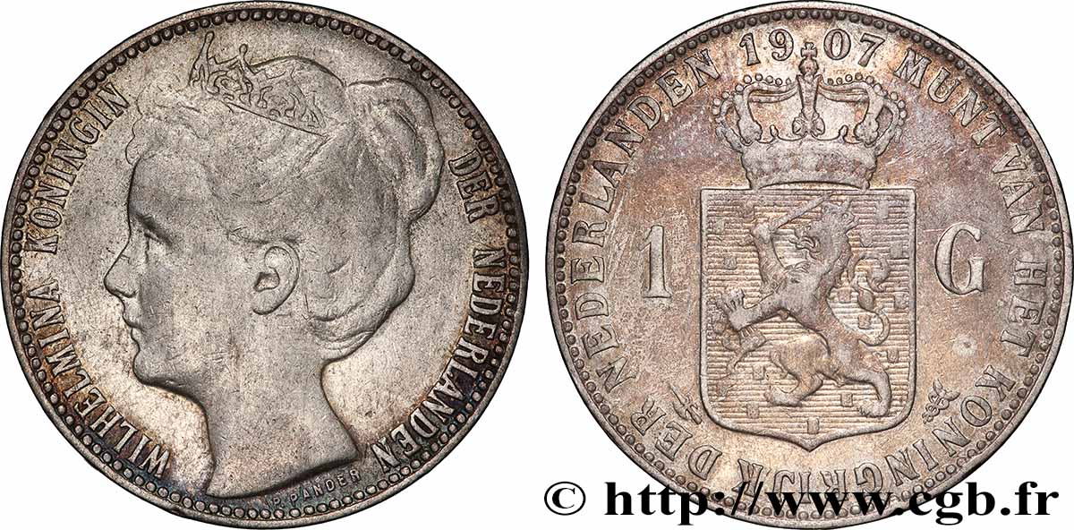 PAYS-BAS 1 Gulden Reine Wilhelmina 1907 Utrecht TTB 