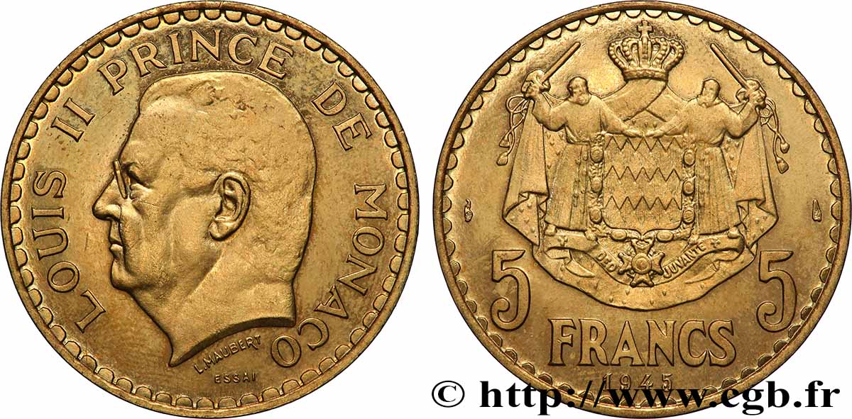 MONACO - PRINCIPAUTÉ DE MONACO - LOUIS II Essai de 5 Francs 1945 Paris SPL 