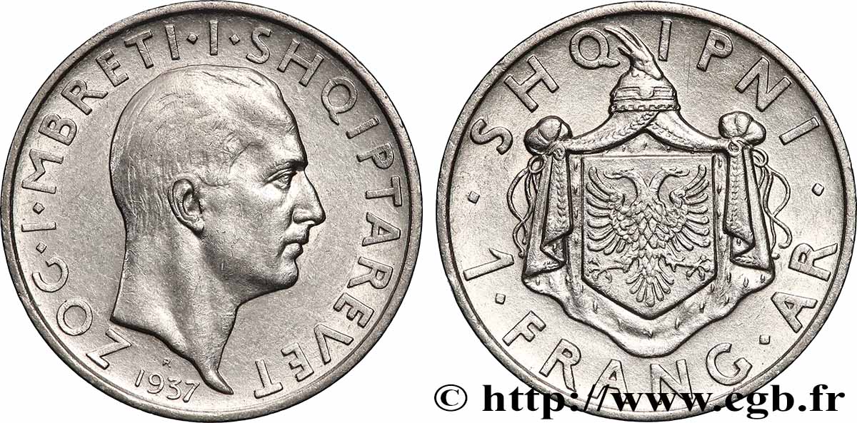 ALBANIE - RÉPUBLIQUE PUIS ROYAUME D&nbsp;ALBANIE - ZOG 1 Franga Ari 1937 Rome fVZ 