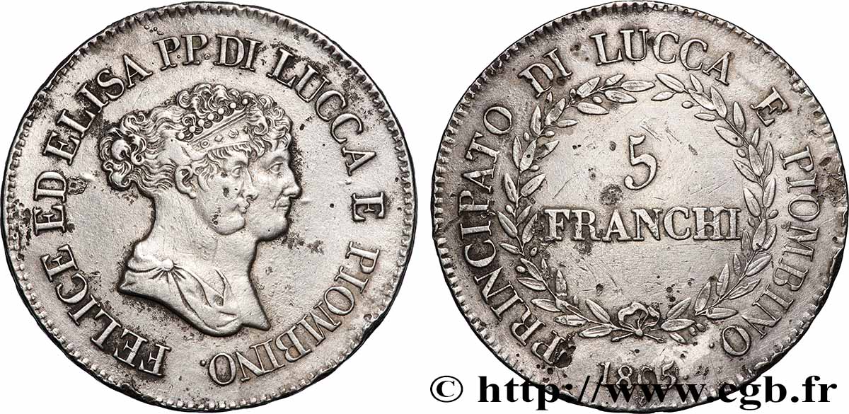 ITALIEN - FÜRSTENTUM LUCQUES UND PIOMBINO - FÉLIX BACCIOCHI AND ELISA BONAPARTE 5 Franchi 1805 Florence SS 