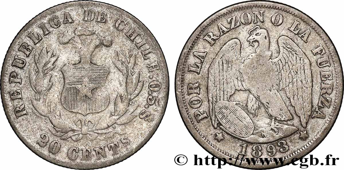 CHILE 20 Centavos emblème / condor 1893 Santiago - S° fSS 